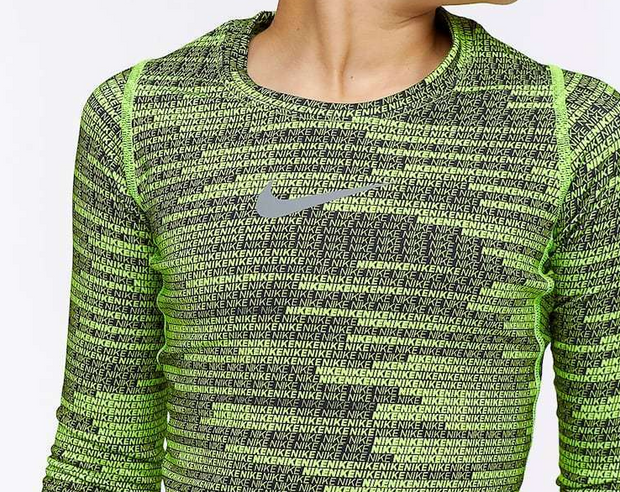 Nike Pro Warm Boys' Black/Volt AOP LS Training Crew Top (AQ5709-702)